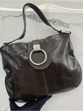 Furla Dark Brown Snakeskin-Textured Shoulder Bag with Silver Ring